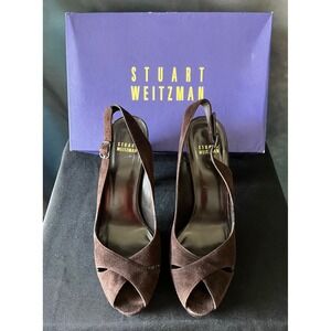 Stuart Weitzman Slingback Heels Brown Suede Leather Platform Peep‎ Toe